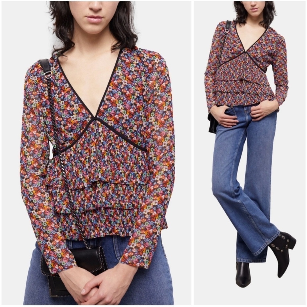The Kooples Blazing Field Floral Print Tiered Top Pleated Ruffles Empire Waist 1